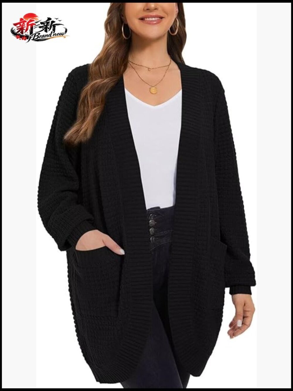Plus Size Open Front Cardigan with Pockets Waffle Ribbed Sleeve Loose Fit